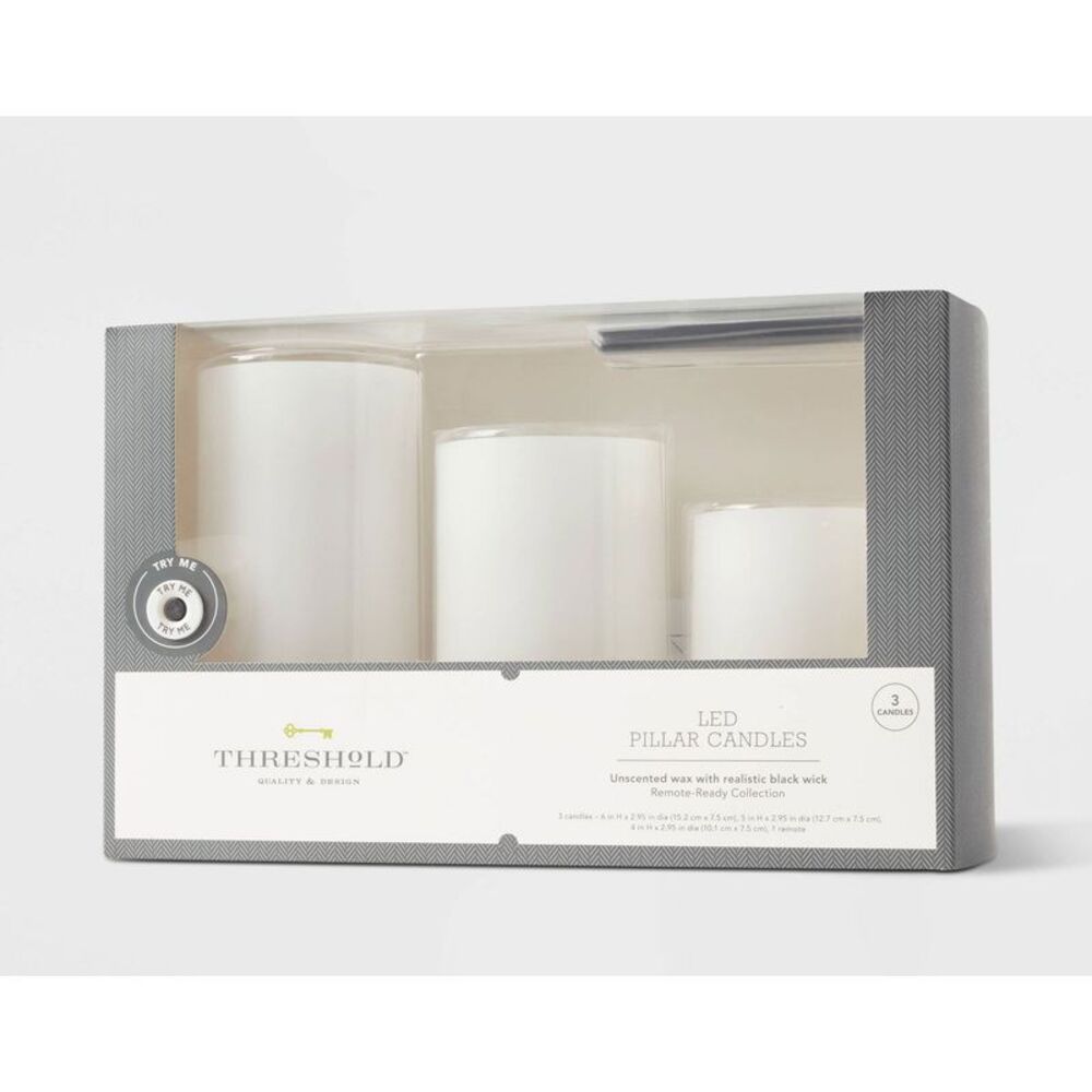 3pk 3" x 4" 3" x 5" 3" x 6" LED Flameless Black Wick Candles White - Threshold